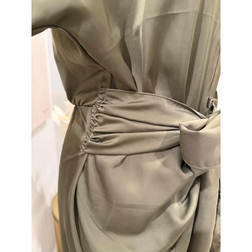 BTFBM Women Olive Green Satin Long Sleeve Button Down Tie Waist Midi Shirt Dress - Picture 3 of 6